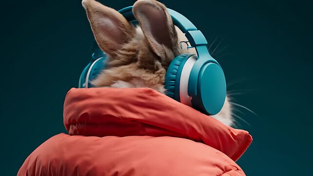 Cute rabbit wearing a bright orange puffer jacket and blue headphones. Fluffy bunny posing in modern urban streetwear against a dark background. Humorous pet fashion concept for music and tech ads.