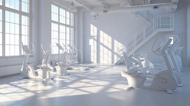Sunlit White Exercise Studio with Elliptical Machines and Large Windows