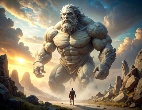 A gigantic muscular figure looms over a tiny person on a road