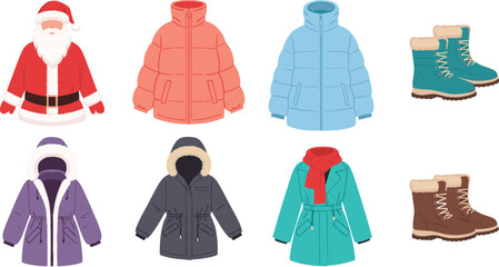 Winter Clothing and Outerwear Icon Set with Puffer Jackets Santa Suit Parkas Hooded Coats and Snow Boots for Christmas Holiday Graphic Designs © MstLilufa