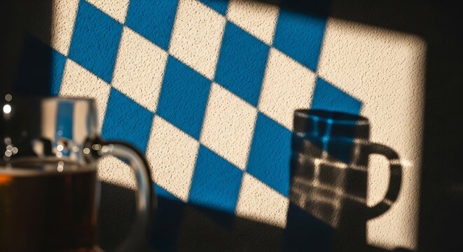 Beer mug casting a shadow on a blue and white checkered bavarian pattern