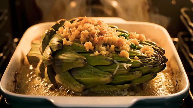 Chef preparing a stuffed artichoke with breadcrumbs and herbs. Close-up of the vegetable baking in an oven until golden brown. Mediterranean cuisine concept, ideal for food blogs and recipe tutorials.