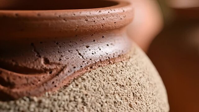 Closeup of ancient terracotta pot with intricate carvings and textured surface.