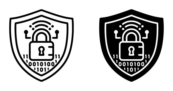 Cyber Security Shield Icons, Digital Protection Padlock Vector Graphics, Data Encryption and Network Safety Symbols, Binary Code and Wi-Fi Signal Elements