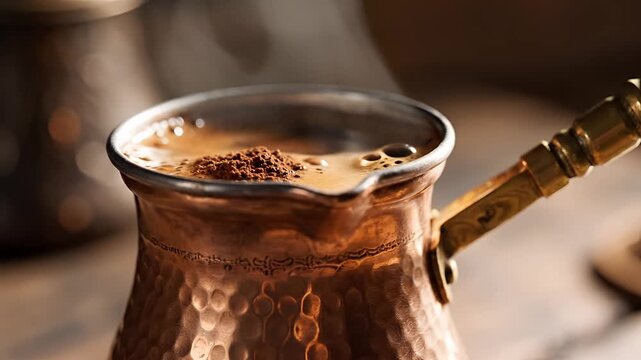 Closeup of traditional Turkish coffee brewing in a copper cezve.