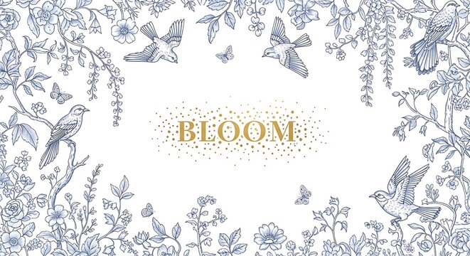 Decorative floral frame with birds and butterflies in vintage blue ink style