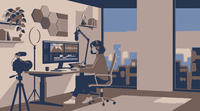 Creative person working on computer editing video with camera and lighting equipment in a modern home studio setup with city view