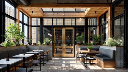 Fototapeta premium Modern Industrial Restaurant Interior with Skylight, Lush Greenery, and Comfortable Seating