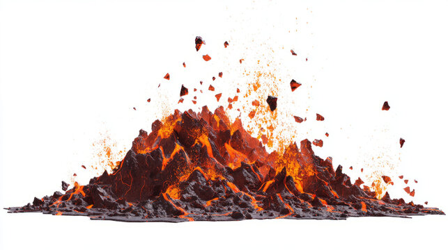 Molten lava burst with flying magma chunks minimal on white
