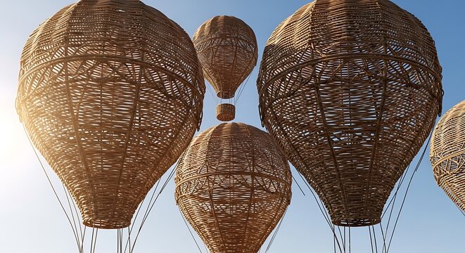 Decorative wicker hot air balloon ornaments hanging against a blue sky