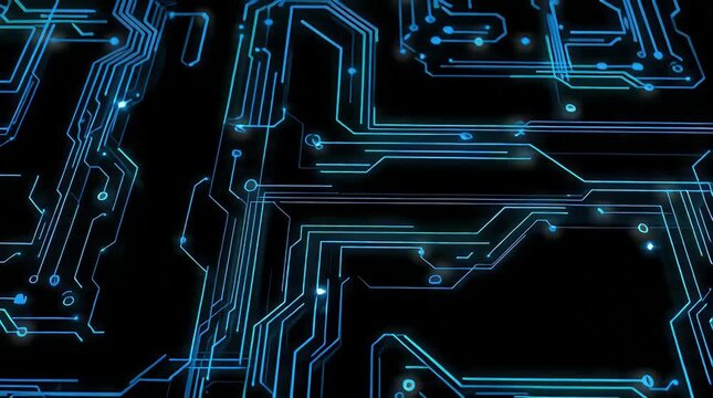 Blue glowing digital circuit board pattern with futuristic neon technology lines on black background for data transfer networking artificial intelligence and cyber security concept