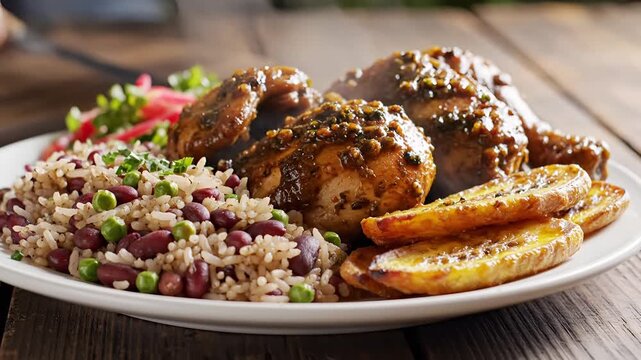 Delicious Jamaican Jerk Chicken with Rice and Peas and Fried Plantains.