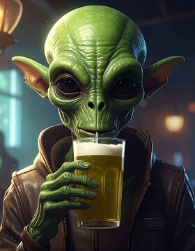 A green alien with large ears drinks beer