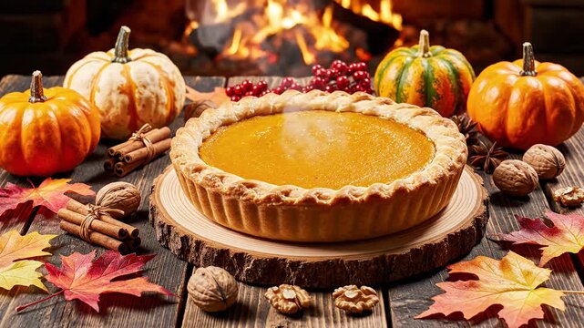 Autumn harvest pumpkin pie and pumpkins with fireplace background
