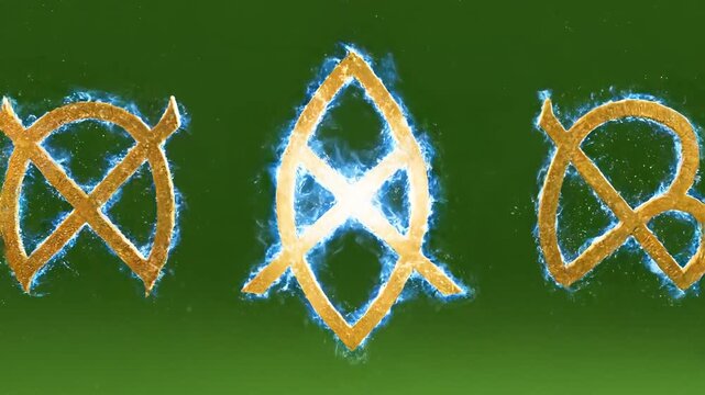 Golden Celtic knot symbols, glowing blue, on green background, abstract design elements 4k Video