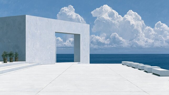 Minimalist white structure overlooks vast blue sea and sky