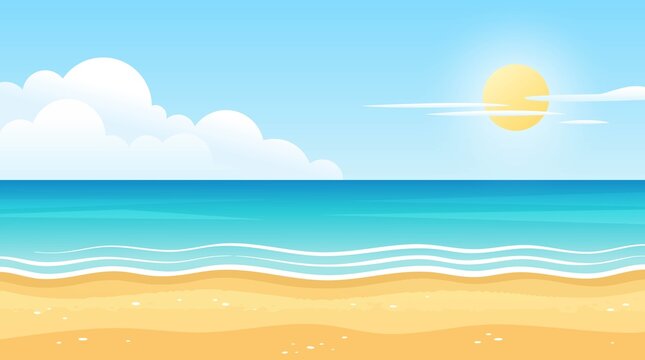 Seascape Illustration With Sun, Clouds, And Wavy Water
