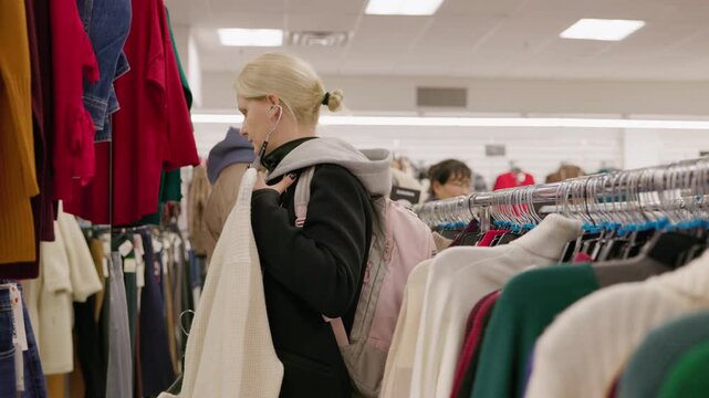 Young woman choosing clothes in retail store, browsing garments and selecting outfit in clothing shop
