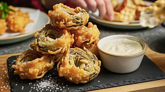 Artichoke dishes with penne pasta, roasted hearts and crispy appetizers. Mediterranean ingredients like parmesan show culinary variety. Vegetarian food concept ideal for menus and culinary blogs.