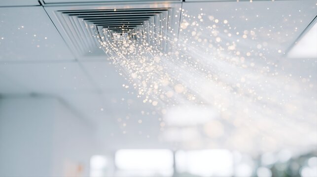 Photorealistic airflow streams from a ceiling vent visualize airborne virus particles in a clean hospital or office interior. Subtle 3D rendering highlights infection spread concerns.