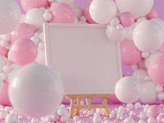 Obraz premium Blank White Canvas on Easel Surrounded by Soft Pink and White Balloons and Bubbles for Celebration Mockup