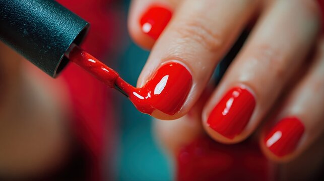 Extreme close-up of a nail polish brush applying red lacquer to a fingernail. The smooth, glossy finish highlights professional manicure detail and salon elegance.