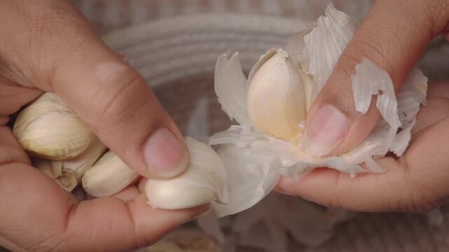 Hands peel garlic in kitchen for meal preparation