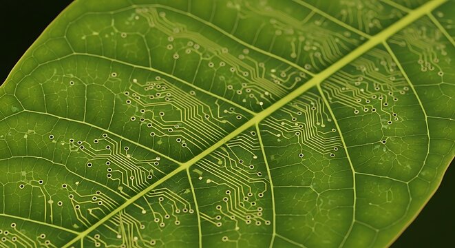 Digital circuit lines integrated into a natural green leaf vein pattern