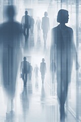 Fototapeta premium Blurred silhouettes of business people walking in a modern office hallway, conveying movement and corporate atmosphere