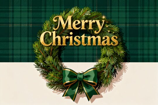 Christmas wreath with green plaid background