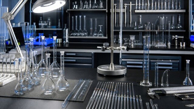 Lab workspace with glassware and tools arranged on a table with shelves of equipment in the background