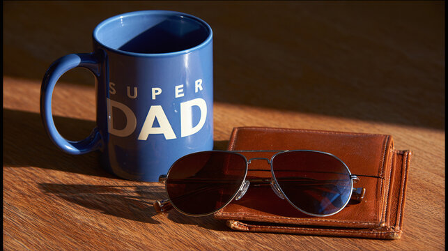 Blue super dad mug with sunglasses and a leather wallet on a wooden table in soft morning light for Father's Day concept celebrating paternity and love