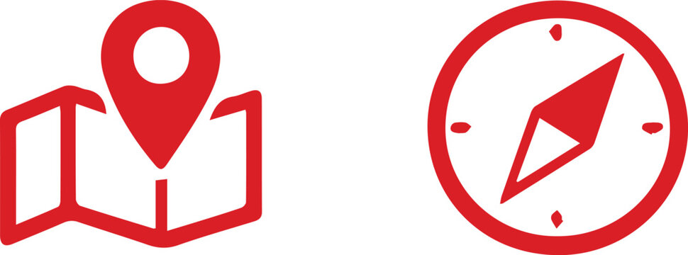 Red navigation icons for map and compass Vector