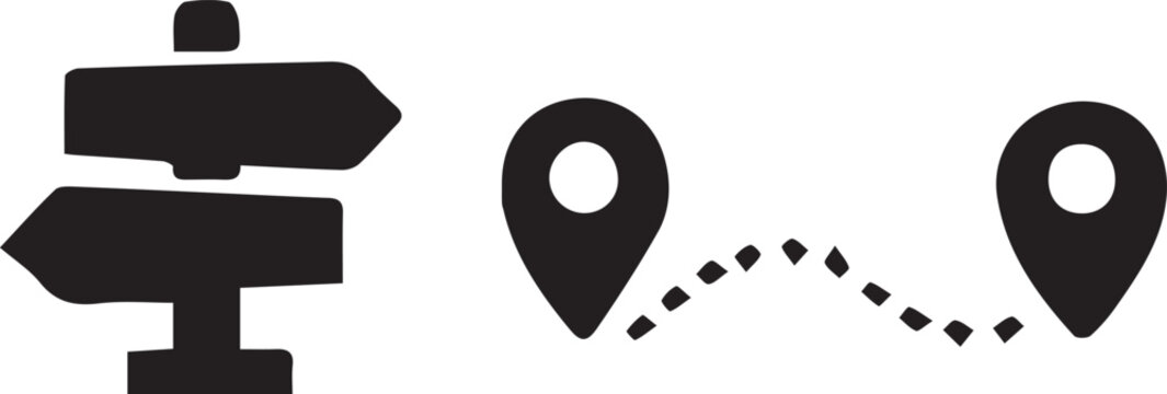 Black icons of signpost and location pins with dotted line Vector