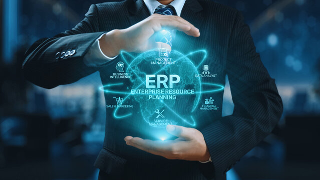 ERP platform visual showing centralized system for enterprise resource planning, improving integration, data flow, business efficiency, finance, inventory, and human resources. Elide