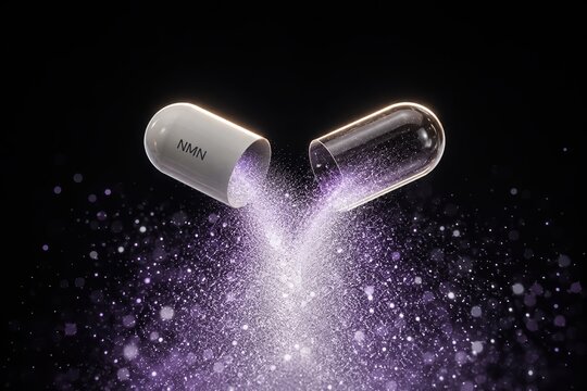 Futuristic NMN Capsule Opening With Glowing Purple Powder Particles on Dark Background &ndash; Nicotinamide Mononucleotide Supplement, NAD+ Precursor and Anti Aging Longevity Concept