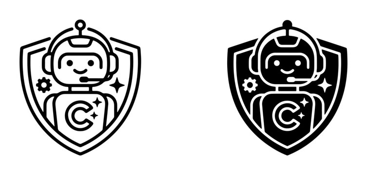 Robot Shield Logo, AI Assistant Icon, Technology Security Emblem, Chatbot Support Symbol, Digital Service Badge, Vector Art