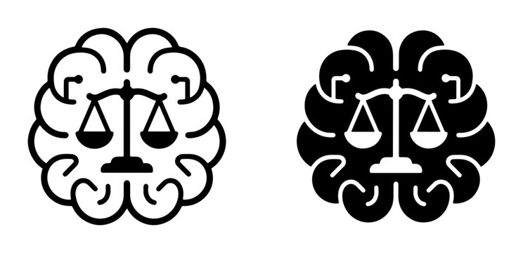 Brain Scales Icon Set, Justice and Law Concept, Intellectual Balance, Legal Mind Symbol, Abstract Thinking Vector