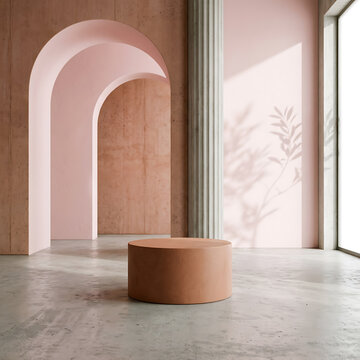 3D Render of Minimalist Cylindrical Podium in Modern Architectural Interior with Arches and Soft Shadows