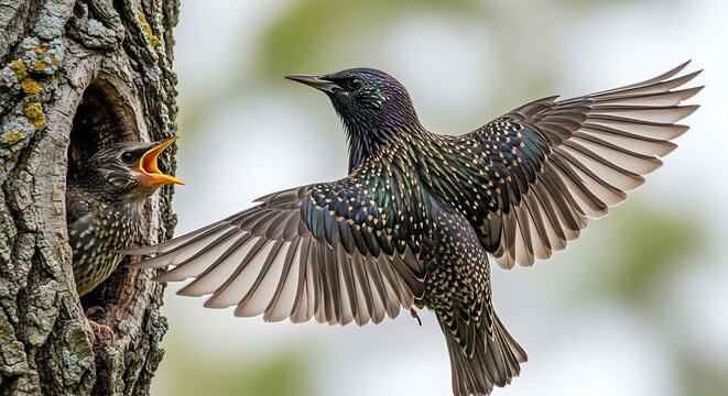 European starling adult feeding hungry fledgling in a tree hollow nest