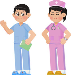 Obraz premium Friendly Cartoon Healthcare Professionals - Doctor and Nurse Characters in Medical Uniforms