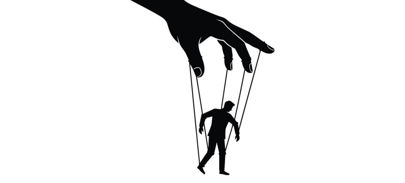 Puppet master hand controlling person silhouette with manipulation silhouette influence