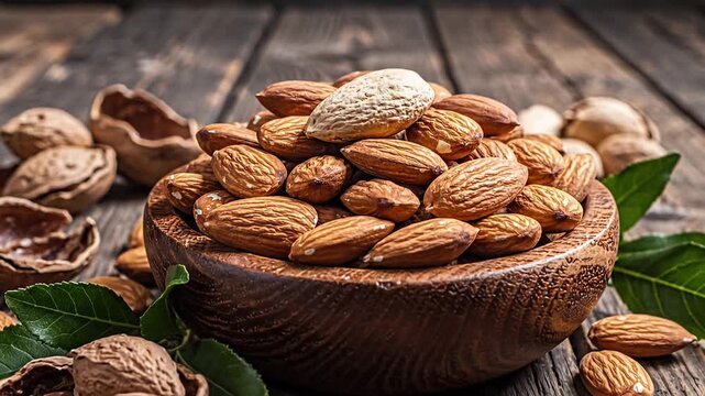 Close up of almonds in wooden bowl on rustic tabletop