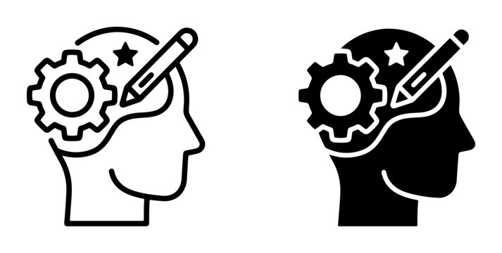Creative Mind Icons, Brainstorming Process Vector Graphics, Idea Generation Symbols, Learning and Innovation Concepts, Set of Two Outline and Solid Styles