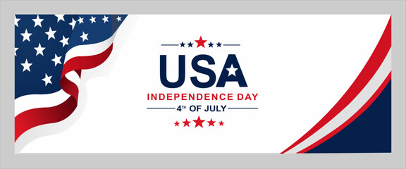 USA Independence Day 2026 banner featuring waving American flag ribbon, patriotic stars, and modern typography. Ideal for July 4th promotions, web banners, social media, and national holiday cel © Nurul Huda