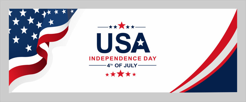 USA Independence Day 2026 banner featuring waving American flag ribbon, patriotic stars, and modern typography. Ideal for July 4th promotions, web banners, social media, and national holiday cel