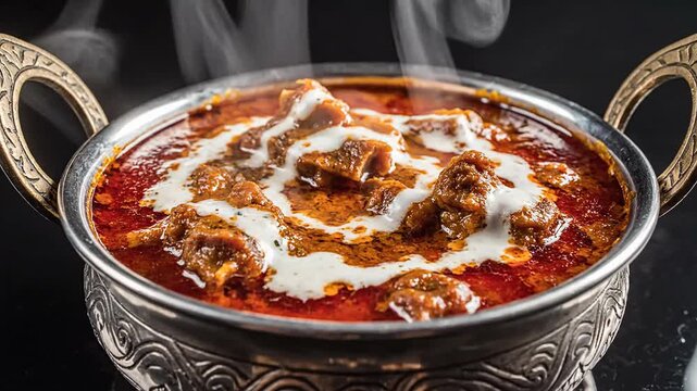 Spicy indian lamb curry simmered in aromatic gravy and topped with cream served in a traditional copper bowl with rising steam