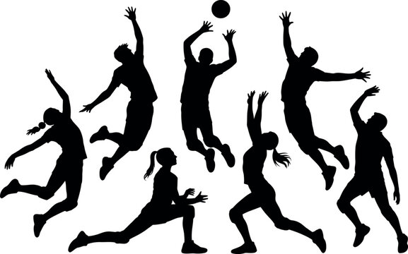 Black silhouettes of people playing volleyball on white background