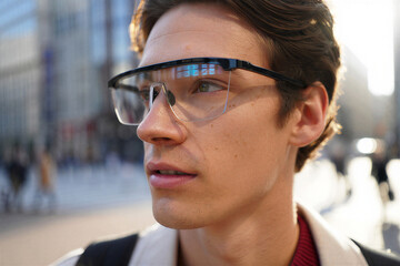 Obraz premium Young man wearing modern smart glasses in a city street
