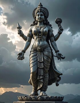 A large statue of a female deity stands against a cloudy sky
